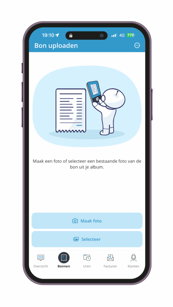 iPhone-mockup van het bonnen scannen-scherm in de boekhoudapp die Lider gebruikt, voor het digitaliseren van bonnetjes en uitgaven door zzp’ers en eenmanszaken.