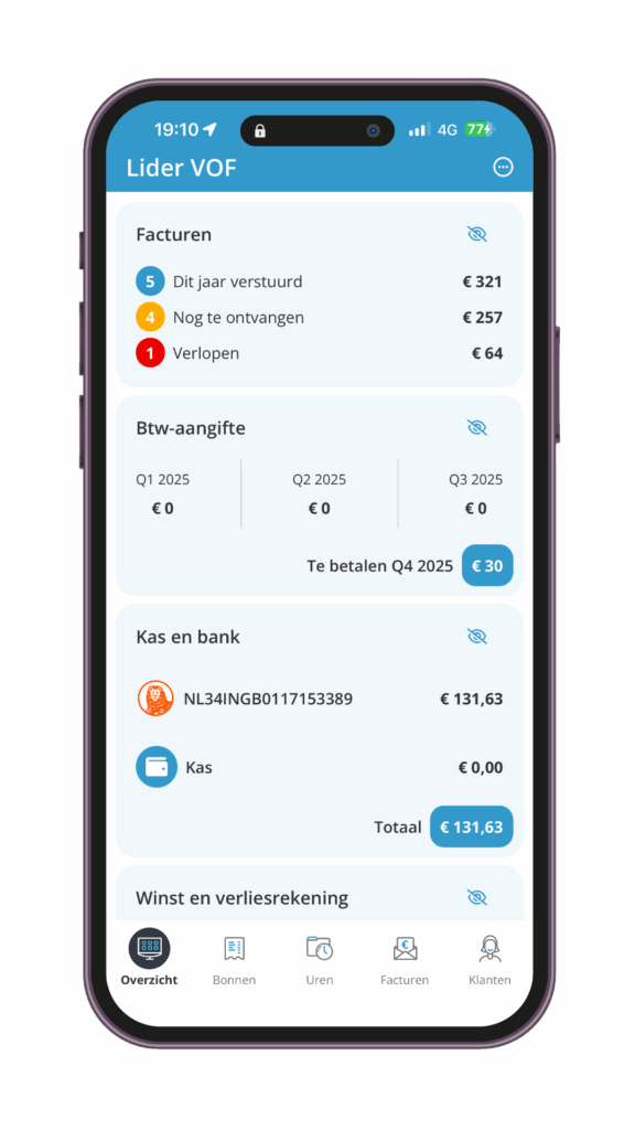 iPhone-mockup van het dashboard in de boekhoudapp die Lider gebruikt, met overzicht van inkomsten, uitgaven en financiële statistieken voor zzp’ers en eenmanszaken.