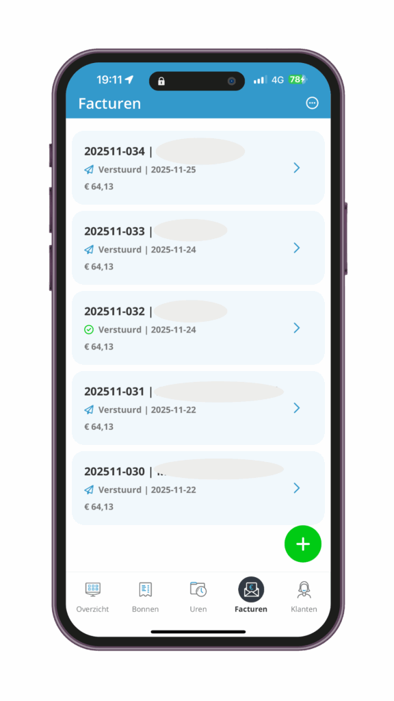 iPhone-mockup van het facturatiescherm in de boekhoudapp die Lider gebruikt, waarmee zzp’ers en eenmanszaken facturen aanmaken, verzenden en beheren.